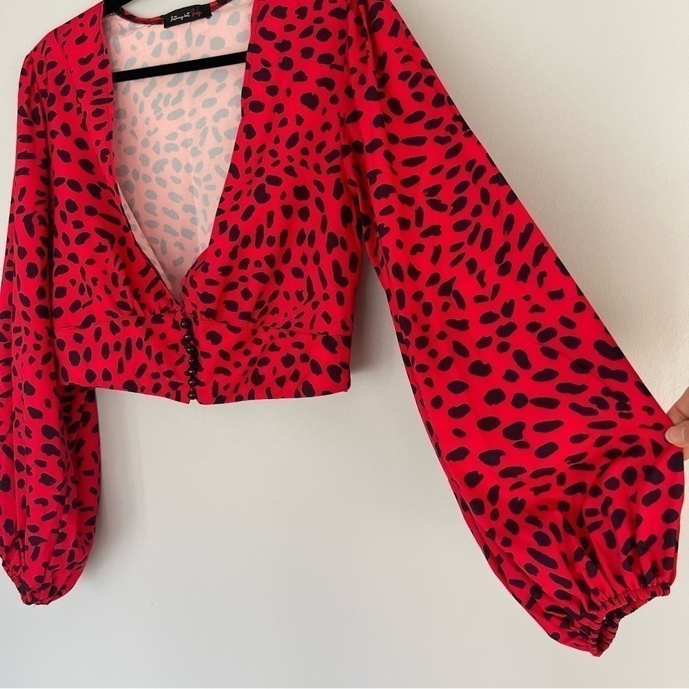 Balloon Sleeve Button Front Crop Top Red Leopard Print Gillian Blouse - Picture 3 of 13